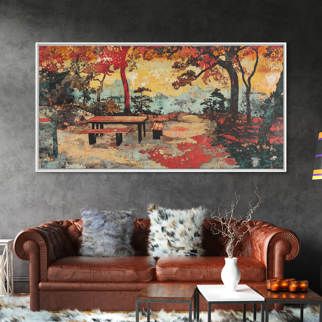 Autumn Park Bench Landscape Wall Art, Japanese Garden Scene, Fall Colors Canvas Print, Cozy Home Decor, Living Room Wall Art