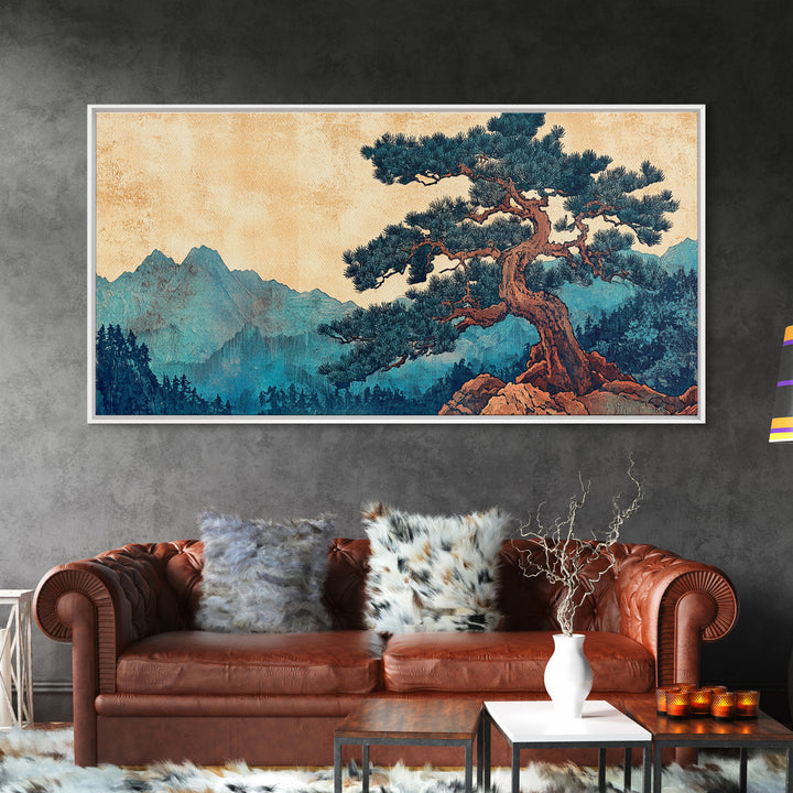 Ancient Pine Mountain Landscape Wall Art, Japanese Nature Canvas Print, Blue Forest Decor, Japandi Wall Art, Large Horizontal Print