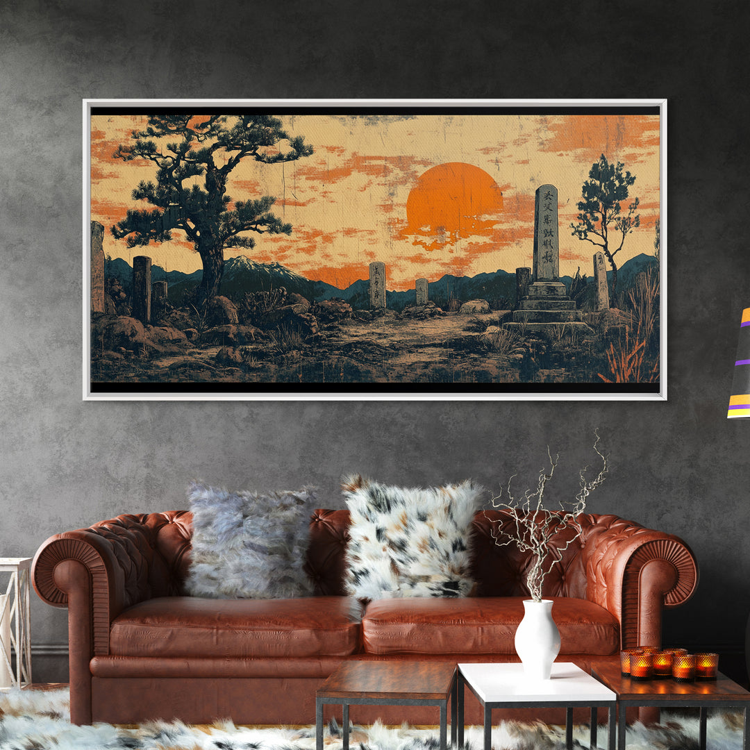 Moody Graveyard Sunset Wall Art, Japanese Cemetery Landscape, Dark Academia Canvas Print, Gothic Decor, Large Horizontal Art