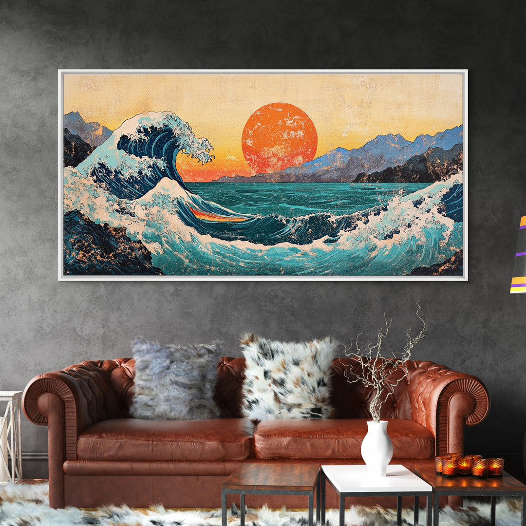 Great Wave With Orange Sun Canvas Print, Japanese Ocean Wall Art, Coastal Landscape Decor For Living Room Above Sofa Housewarming Gift