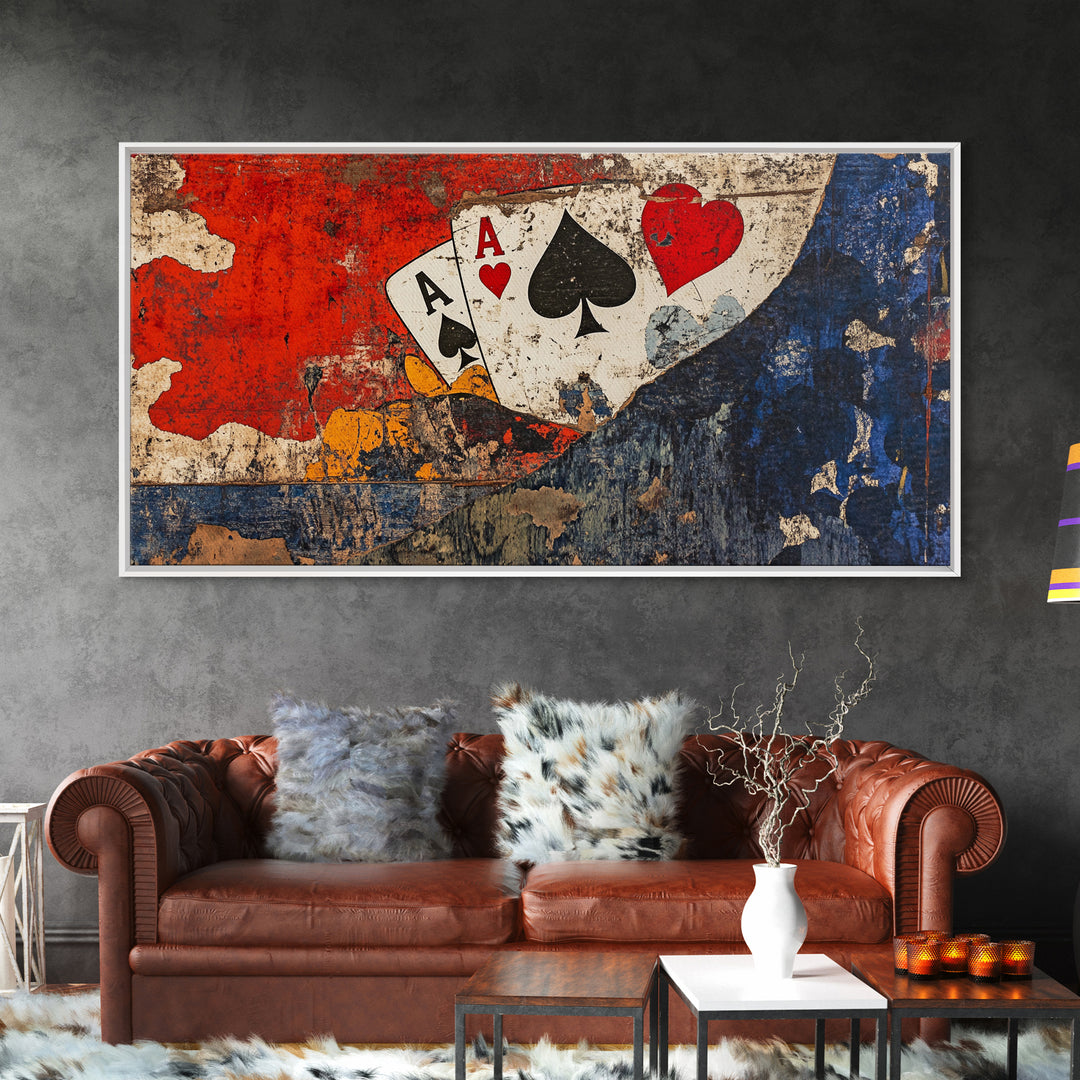 Grunge Ace Playing Cards Wall Art, Retro Poker Canvas Print, Game Room Decor For Man Cave, Casino Gift For Him Housewarming
