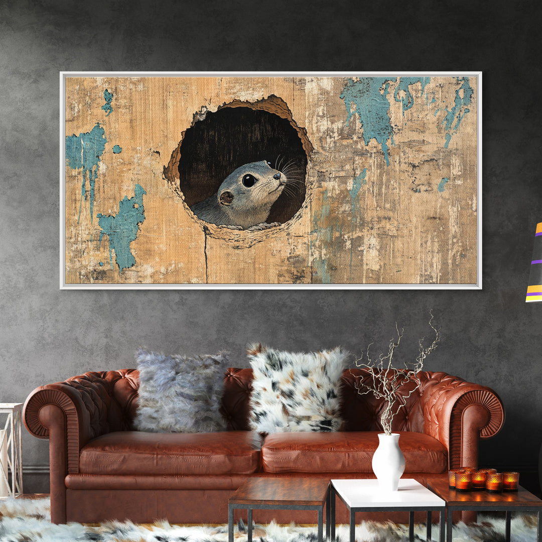 Curious Seal Peeking From Weathered Wall Art, Cute Coastal Animal Canvas Print, Nautical Bathroom Decor Gift For Ocean Lover