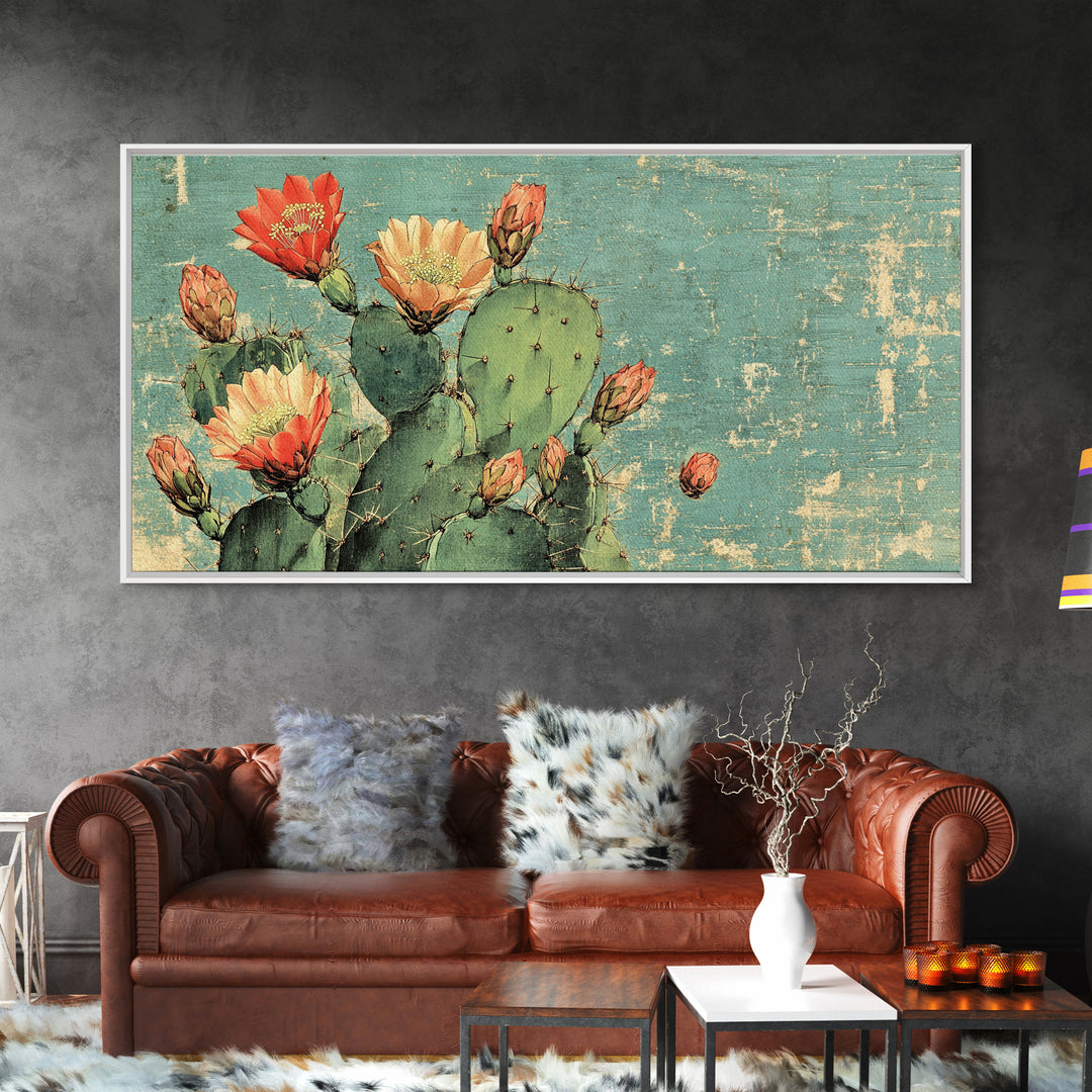 Blooming Prickly Pear Cactus Wall Art, Southwest Desert Canvas Print, Botanical Boho Home Decor Gift For Her Living Room