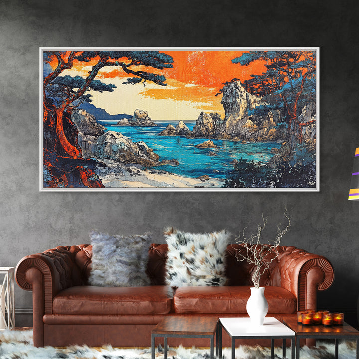 Orange Sunset Rocky Cove Seascape Canvas Print, Coastal Wall Art, Ocean Landscape Art For Living Room Decor, Beach House Decor