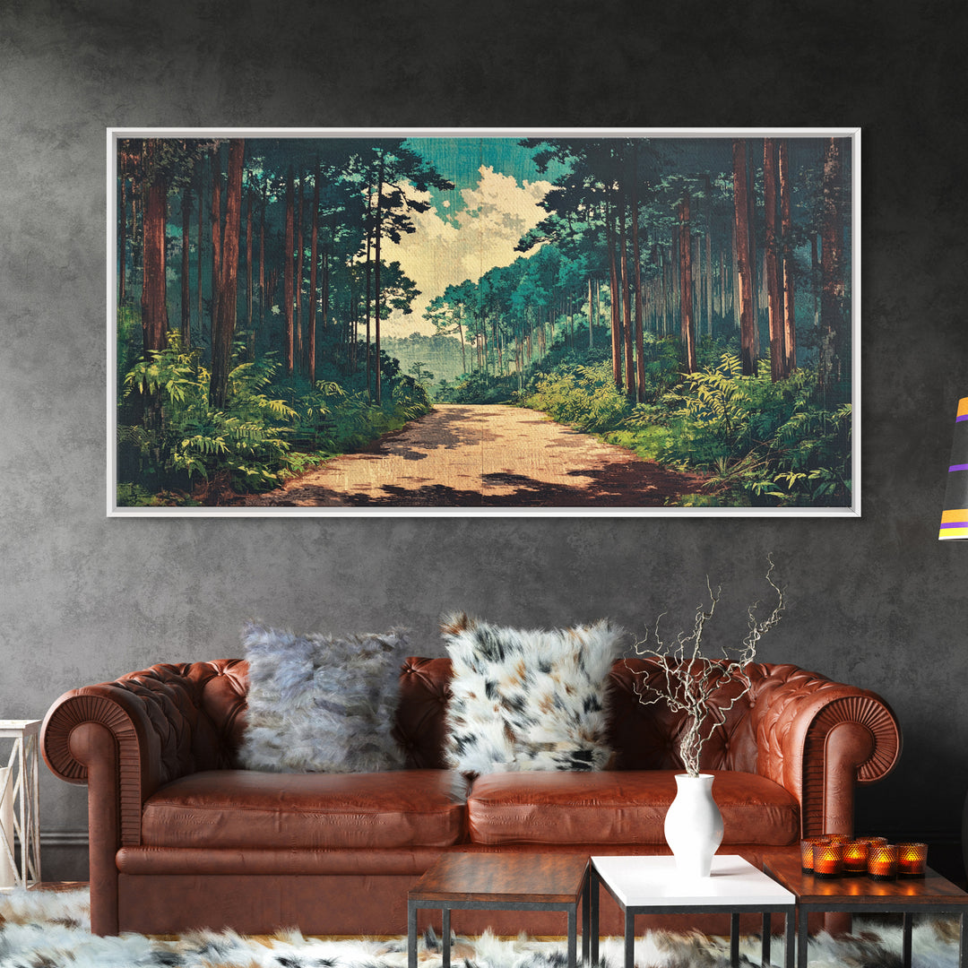 Sunlit Pine Forest Path Canvas Print, Nature Wall Art, Forest Wall Decor, Japandi Wall Art For Entryway And Office Decor