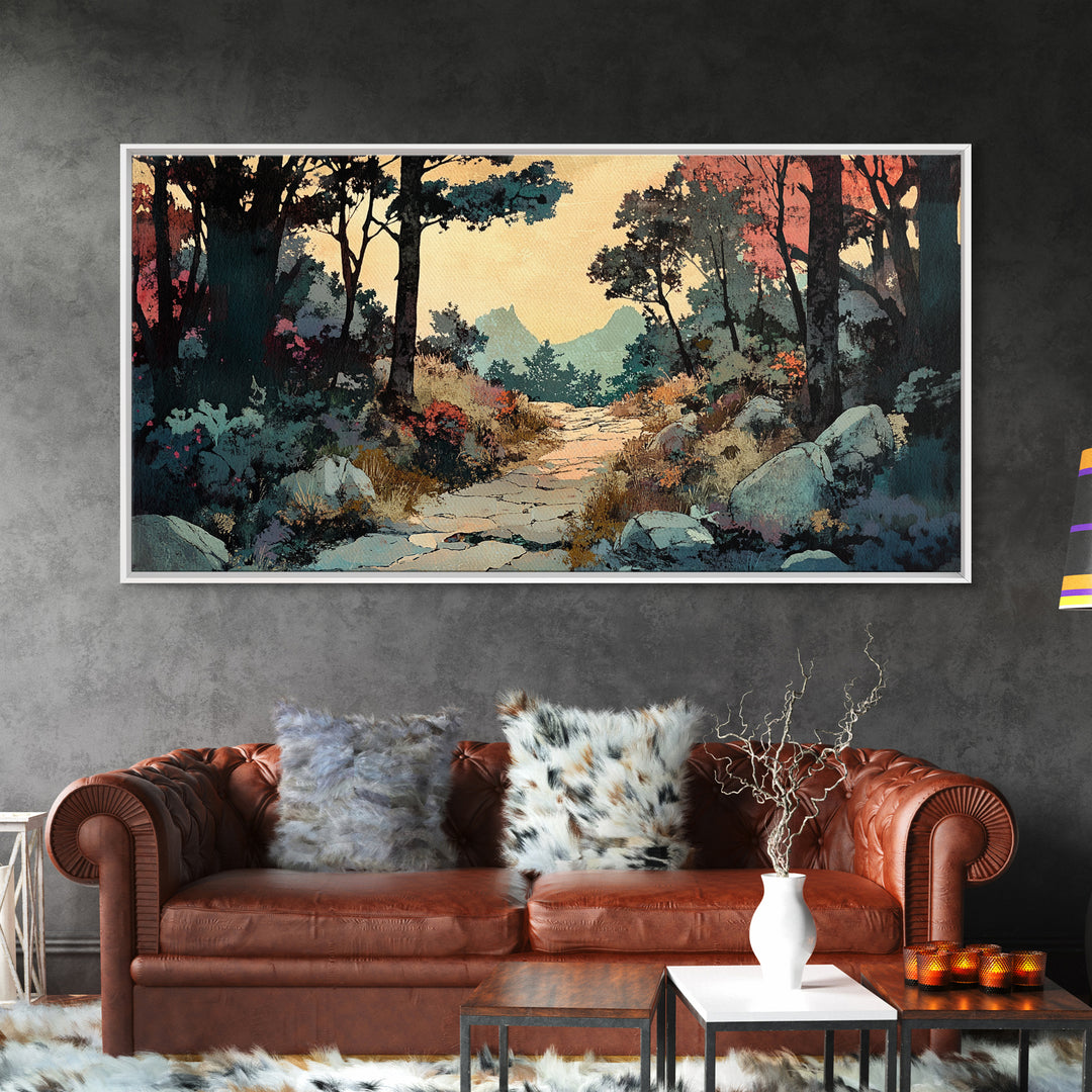 Autumn Woodland Trail Landscape Canvas Print, Rustic Wall Art, Nature Wall Decor, Moody Forest Art For Cozy Bedroom Decor