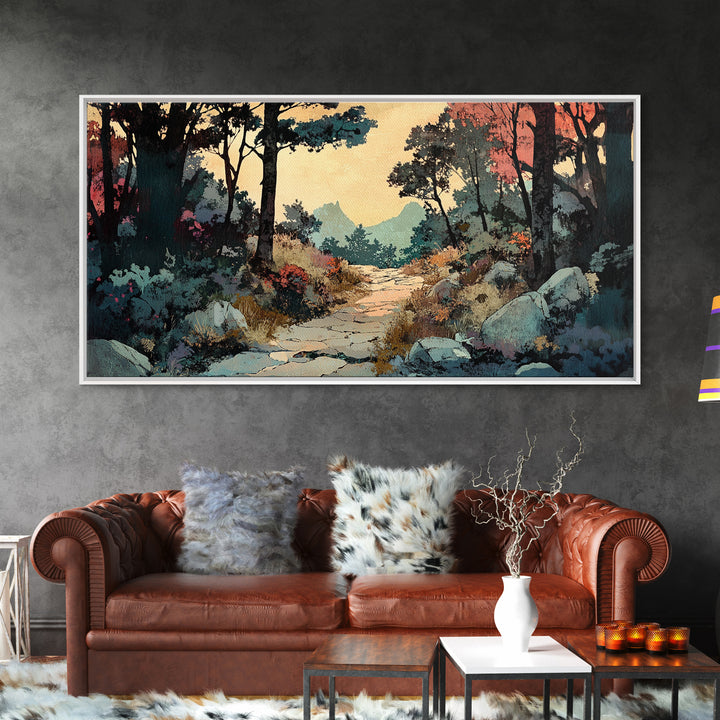 Autumn Woodland Trail Landscape Canvas Print, Rustic Wall Art, Nature Wall Decor, Moody Forest Art For Cozy Bedroom Decor