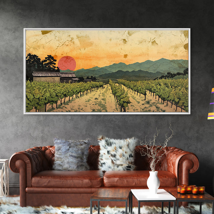 Sunset Vineyard Rows And Mountains Canvas Print, Winery Wall Art, Wine Country Decor, Rustic Landscape Art For Dining Room