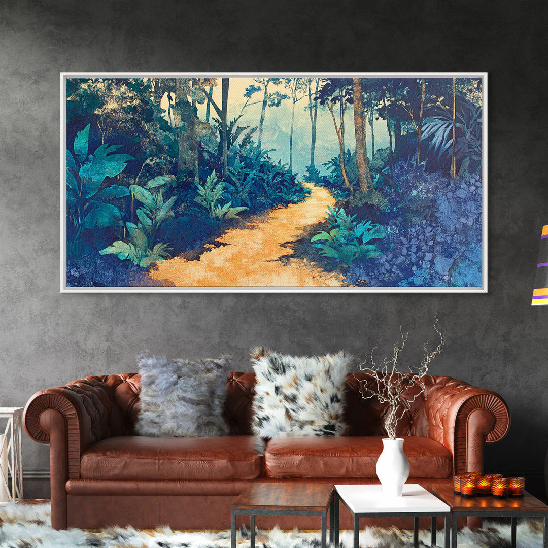 Lush Tropical Jungle Path Canvas Print, Botanical Wall Art, Nature Wall Decor, Blue Green Wall Art For Spa Or Bedroom Decor