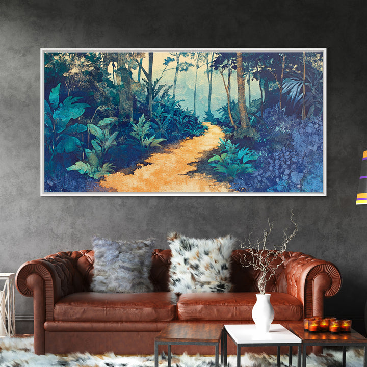 Lush Tropical Jungle Path Canvas Print, Botanical Wall Art, Nature Wall Decor, Blue Green Wall Art For Spa Or Bedroom Decor