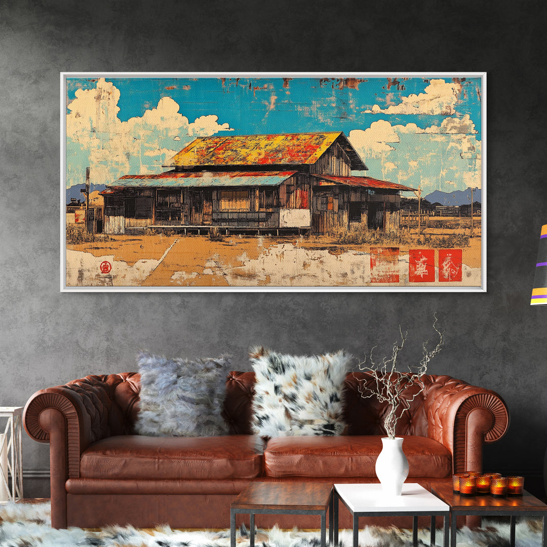 Rustic Weathered Barn Under Blue Sky Framed Canvas Print, Farmhouse Wall Art, Country Landscape, Warm Rural Home Decor Print