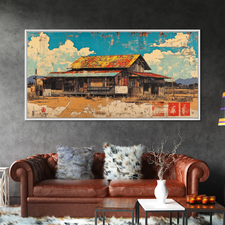 Rustic Weathered Barn Under Blue Sky Framed Canvas Print, Farmhouse Wall Art, Country Landscape, Warm Rural Home Decor Print