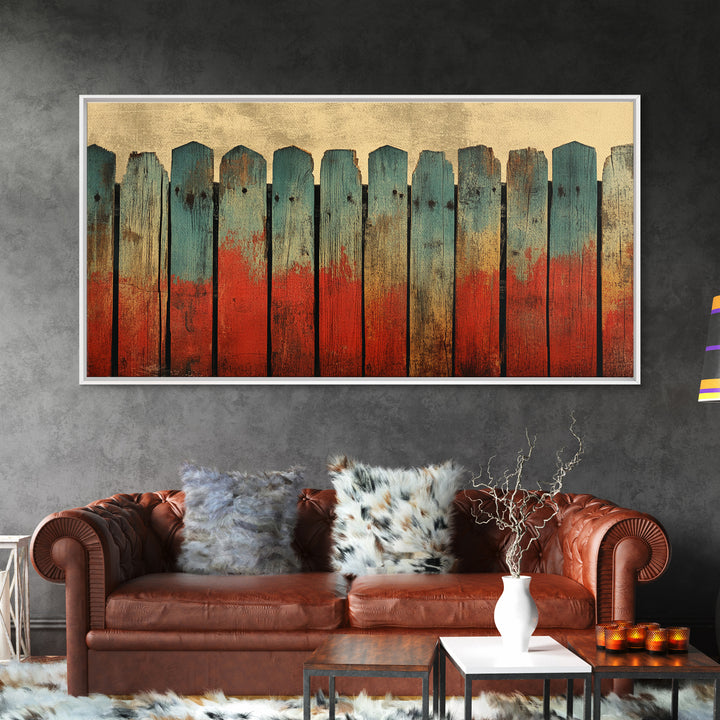 Weathered Teal And Red Wood Fence Canvas Print, Rustic Wall Art, Abstract Farmhouse Decor, Bold Country Wall Decor, Home Decor