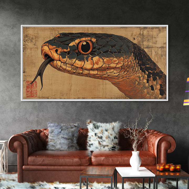 Black And Copper Snake Portrait Framed Canvas Print, Reptile Wall Art, Dark Animal Art, Gothic Nature Home Decor, Gift For Him