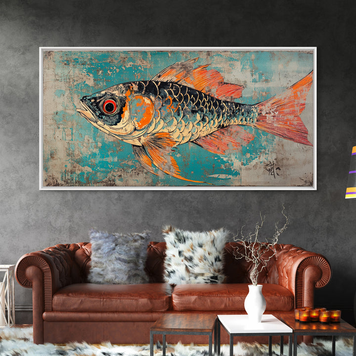 Orange And Teal Koi Fish Canvas Print, Japanese Wall Art, Coastal Animal Art, Vibrant Ocean Decor, Marine Life Print, Gift