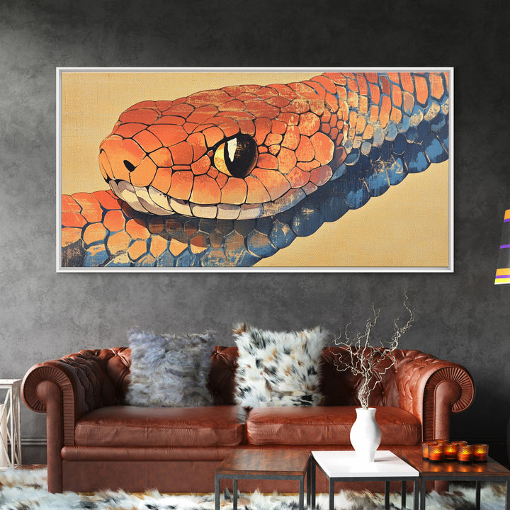 Orange And Blue Snake Closeup Framed Canvas Print, Reptile Wall Art, Wildlife Art, Bold Nature Decor, Masculine Home Decor