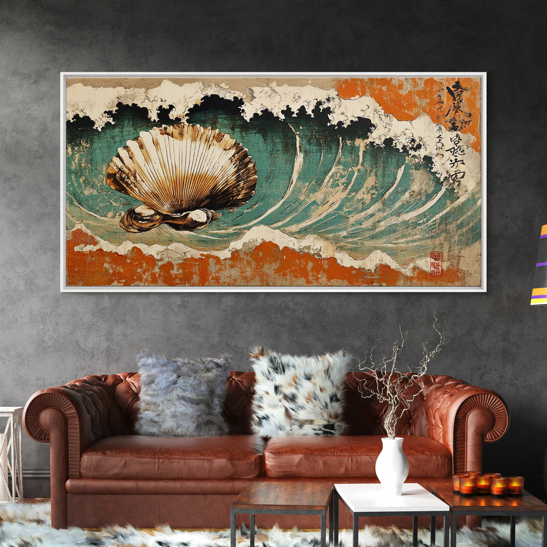 Scallop Shell In Crashing Wave Canvas Print, Japanese Coastal Wall Art, Nautical Ocean Decor, Seashell Art Print, Beach House Decor
