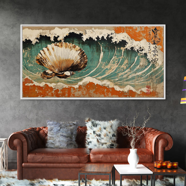 Scallop Shell In Crashing Wave Canvas Print, Japanese Coastal Wall Art, Nautical Ocean Decor, Seashell Art Print, Beach House Decor