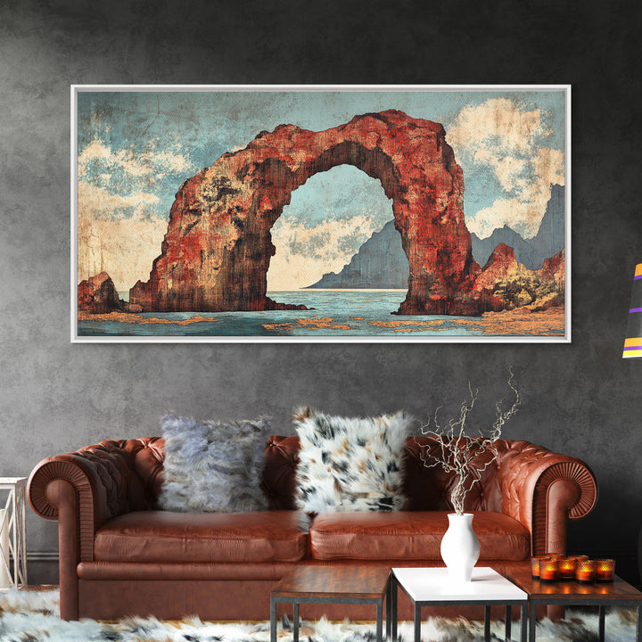 Red Coastal Rock Arch Over Blue Sea Framed Canvas Print, Seascape Wall Art, Ocean Landscape, Beach House Decor, Coastal Decor
