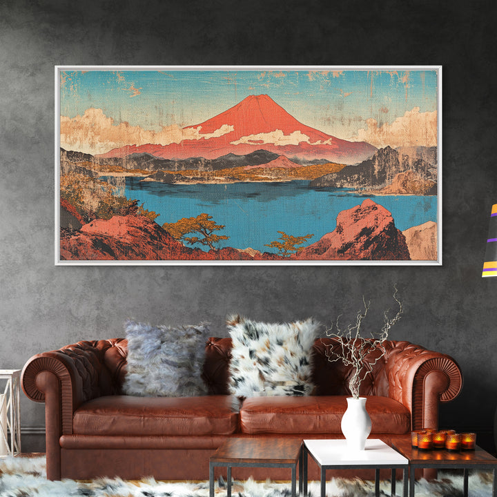 Red Mount Fuji Over Lake Framed Canvas Print, Japanese Wall Art, Landscape Art, Japandi Decor, Nature Wall Art, Home Decor