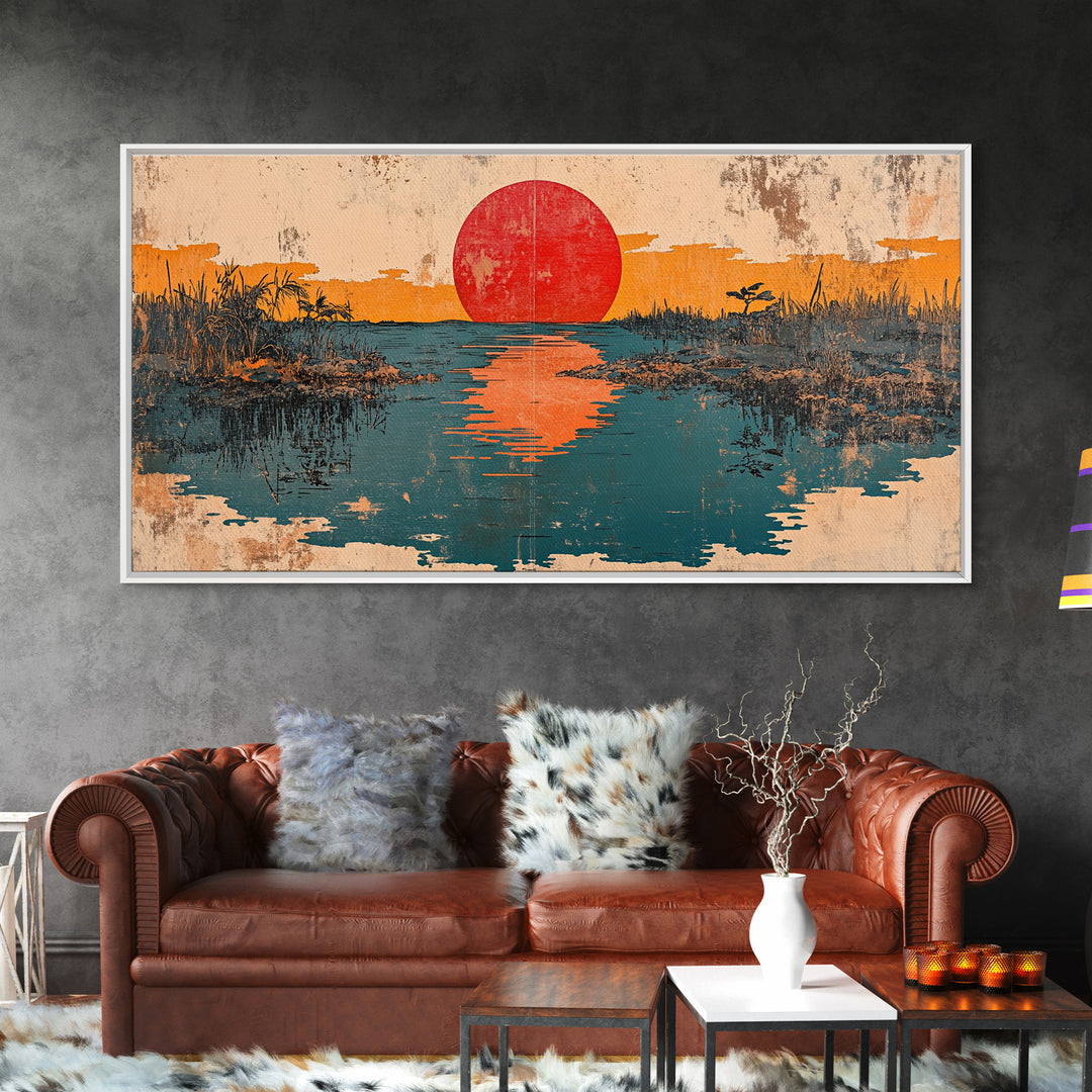 Red Sun Reflected In Marsh Water Canvas Print, Japanese Wall Art, Abstract Landscape, Zen Home Decor, Sunrise Wall Art, Japandi Decor