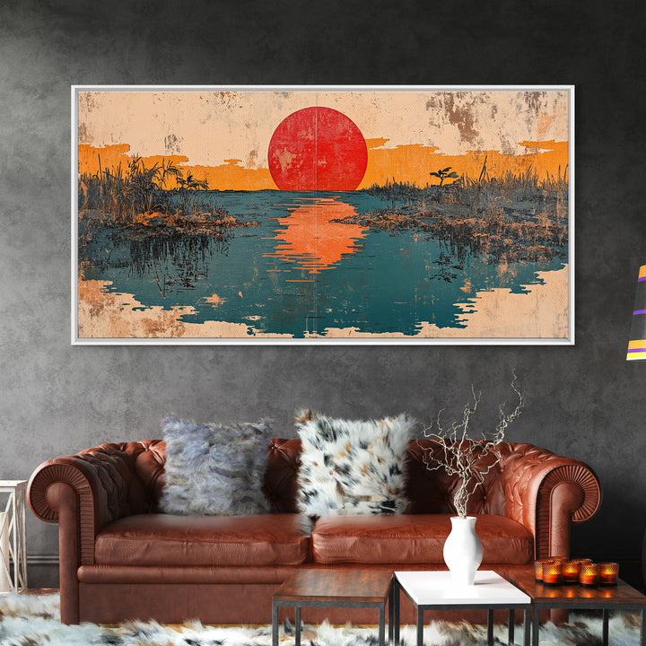 Red Sun Reflected In Marsh Water Canvas Print, Japanese Wall Art, Abstract Landscape, Zen Home Decor, Sunrise Wall Art, Japandi Decor