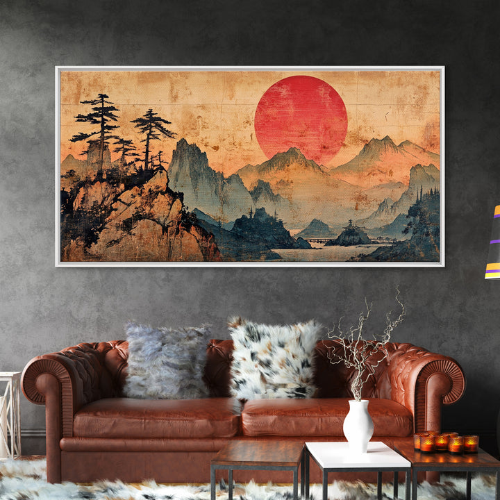 Red Sun Mountain Pines Wall Art, Japanese Landscape Canvas Print, Japandi Zen Home Decor, Asian Inspired Living Room Art