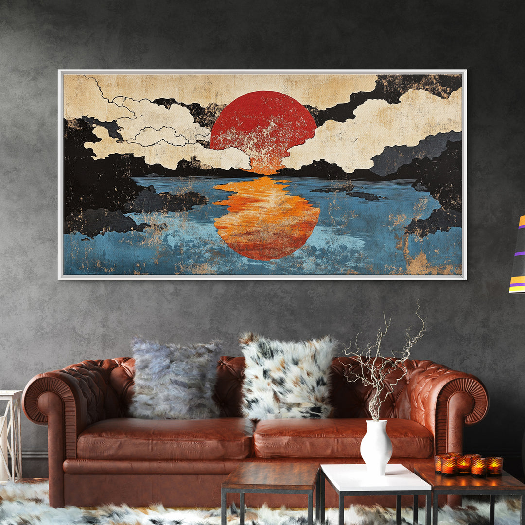 Orange Sun Reflection Seascape Wall Art, Japanese Ocean Canvas Print, Moody Coastal Wall Decor, Abstract Sunset Art Print