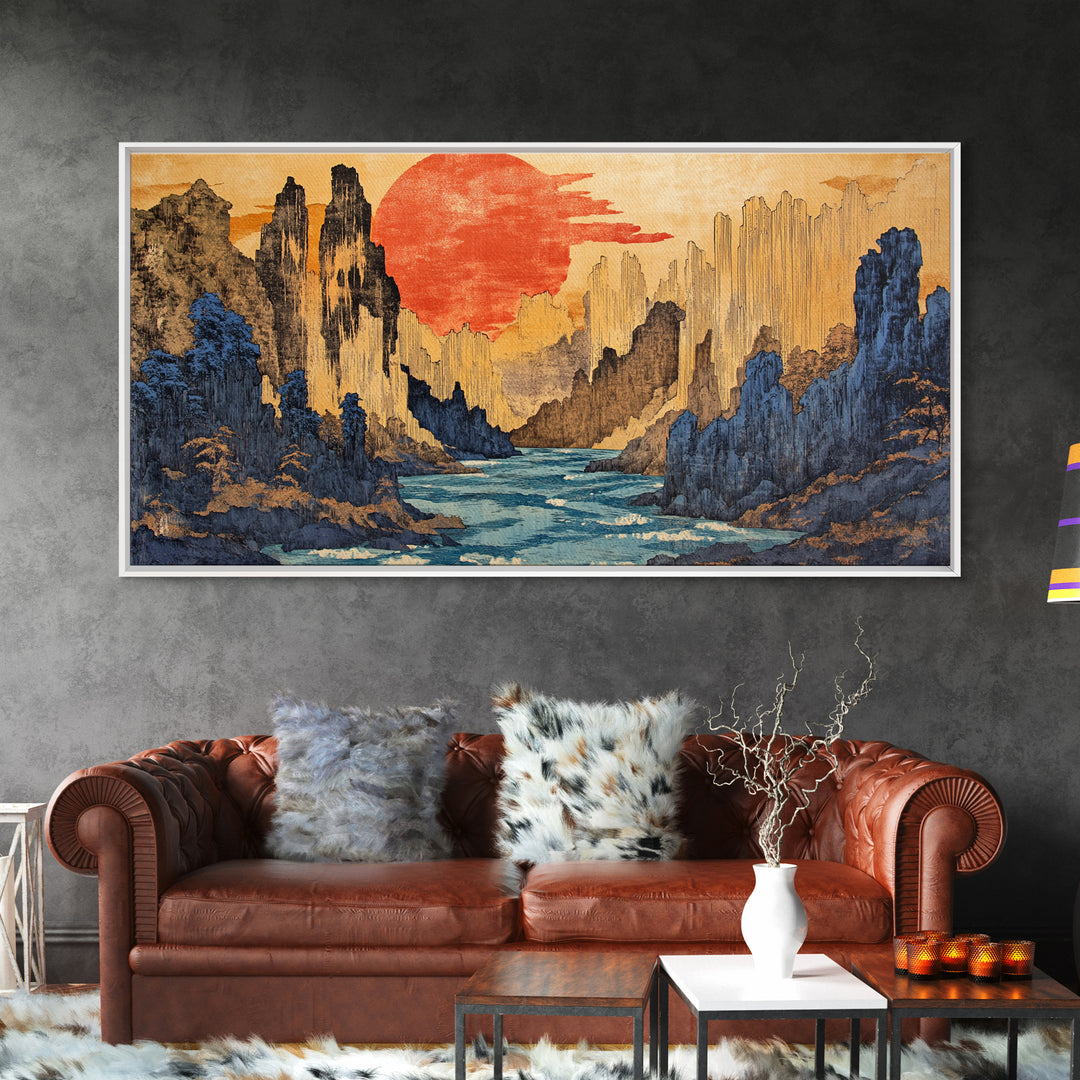 Red Sun Canyon River Wall Art, Japanese Landscape Canvas Print, Modern Japandi Decor, Dramatic Mountain Living Room Art Print
