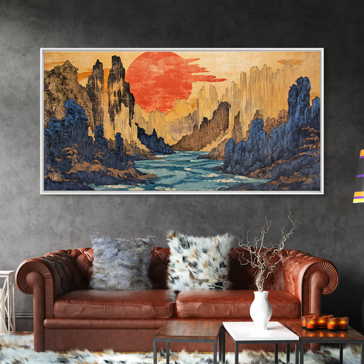 Red Sun Canyon River Wall Art, Japanese Landscape Canvas Print, Modern Japandi Decor, Dramatic Mountain Living Room Art Print