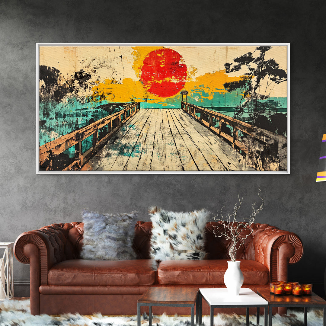 Sunset Pier Lake Wall Art, Japanese Landscape Canvas Print, Turquoise Coastal Decor, Retro Travel Poster For Living Room