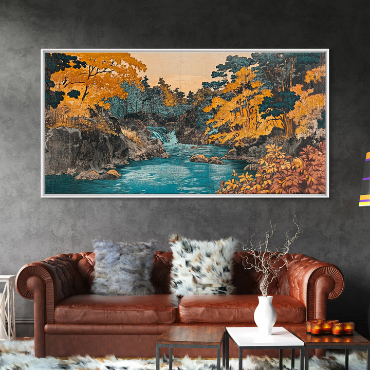 Autumn River Waterfall Wall Art, Japanese Landscape Canvas Print, Gold Forest Home Decor, Cozy Living Room Wall Art Print