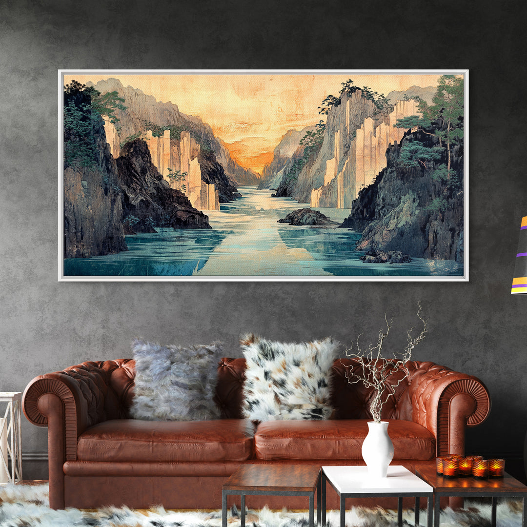 Misty Canyon River Wall Art, Japanese Landscape Canvas Print, Serene Mountain Decor, Panoramic Living Room Wall Art Print