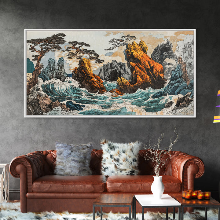 Dramatic Rocky Ocean Waves Framed Canvas Print, Japanese Seascape Wall Art, Coastal Landscape, Nautical Living Room Decor