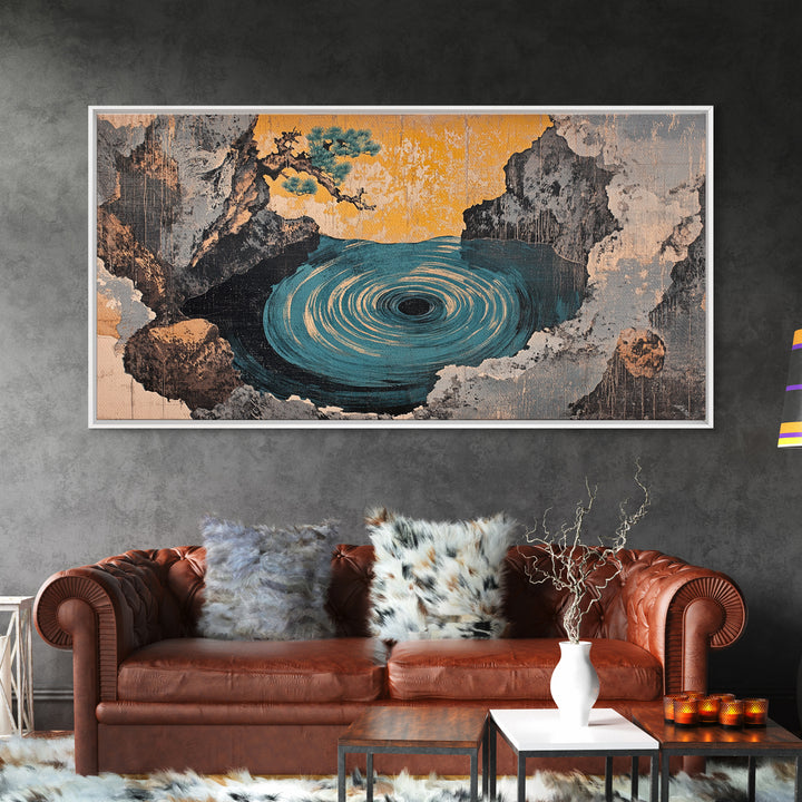 Mystic Ocean Whirlpool Cave Framed Canvas Print, Japanese Seascape Wall Art, Moody Coastal Decor, Fantasy Landscape Art Print