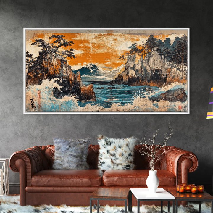 Mt Fuji Cliffs And Crashing Waves Framed Canvas Print, Japanese Wall Art, Coastal Landscape, Orange Sunset Living Room Decor