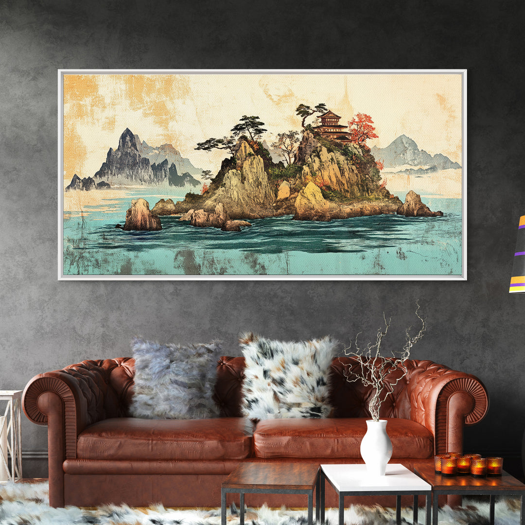 Island Pagoda And Mountain Sea Framed Canvas Print, Japanese Wall Art, Coastal Landscape, Zen Home Decor For Living Room