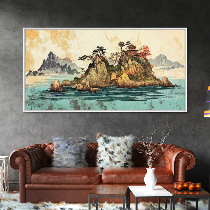 Island Pagoda And Mountain Sea Framed Canvas Print, Japanese Wall Art, Coastal Landscape, Zen Home Decor For Living Room