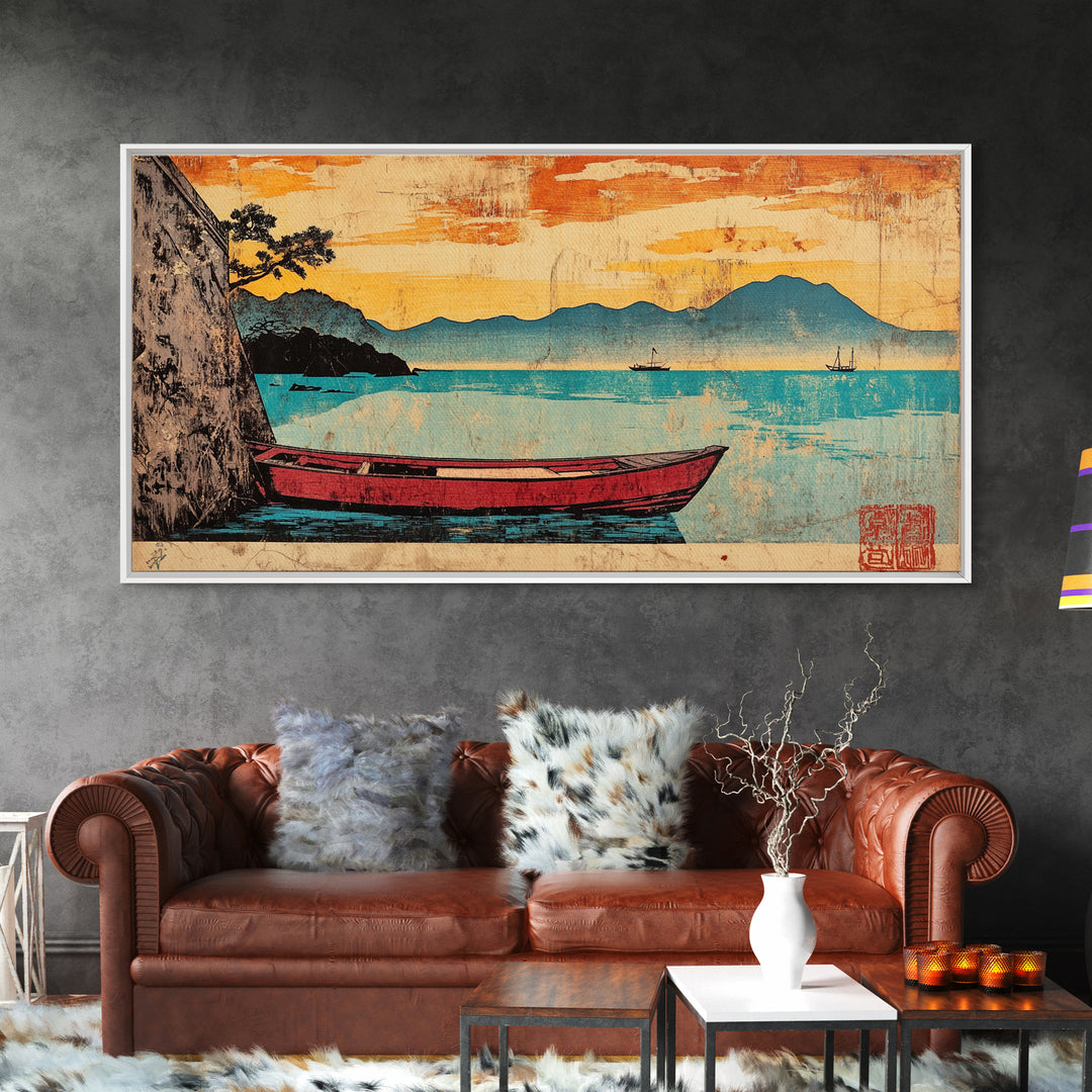 Red Boat On Turquoise Lake Framed Canvas Print, Japanese Landscape Wall Art, Orange Sunset Decor, Coastal Living Room Art