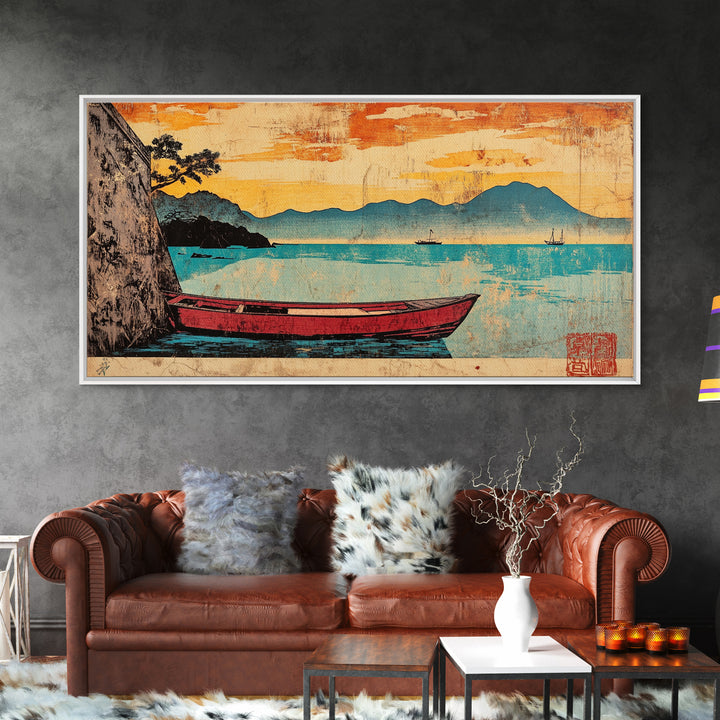 Red Boat On Turquoise Lake Framed Canvas Print, Japanese Landscape Wall Art, Orange Sunset Decor, Coastal Living Room Art