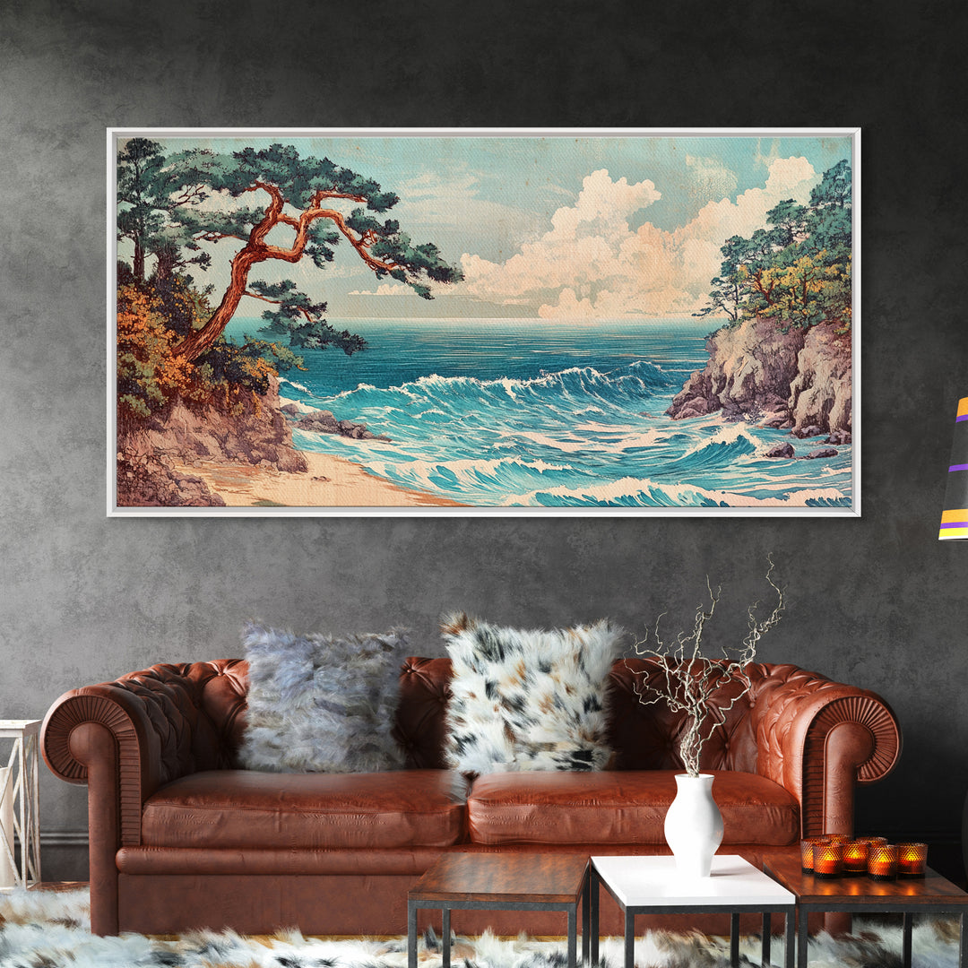 Pine Tree Coastal Cove Canvas Print, Japanese Seascape Wall Art, Ocean Waves, Beach House Decor, Calming Living Room Art