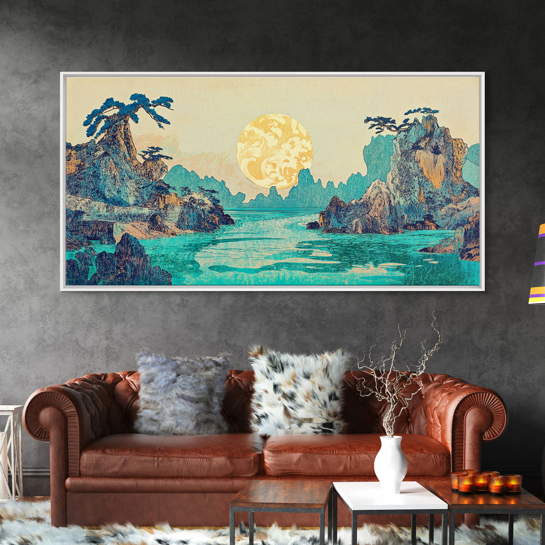 Golden Moon Tropical Seascape Framed Canvas Print, Japanese Wall Art, Coastal Landscape, Celestial Ocean Living Room Decor