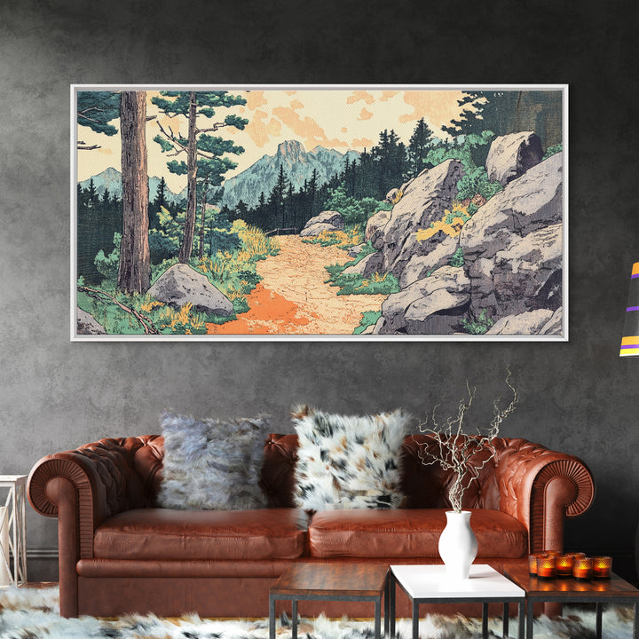 Mountain Forest Trail Framed Canvas Print, Japanese Landscape Wall Art, Pine Tree Nature Decor, Rustic Living Room Art Print