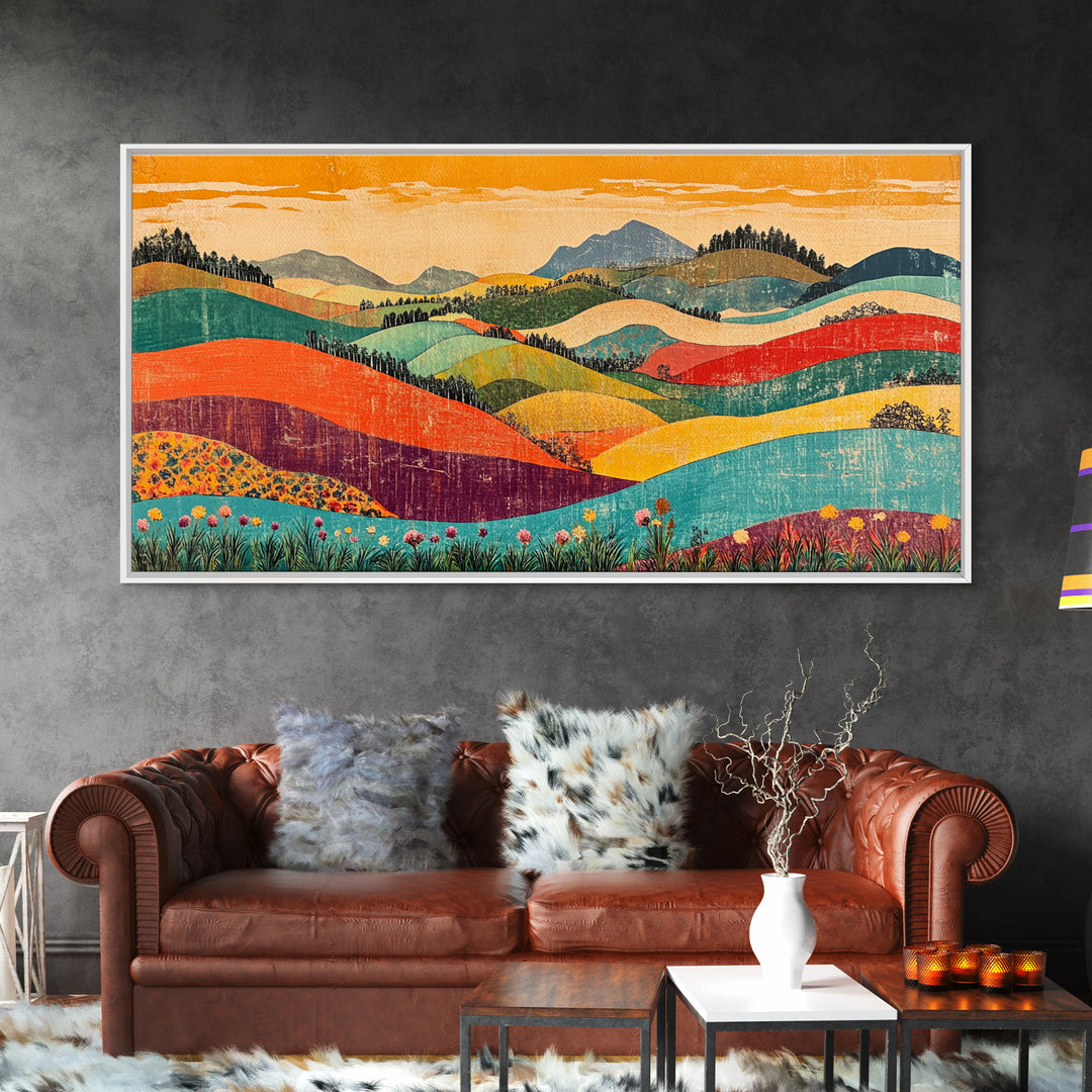 Colorful Rolling Hills And Wildflower Valley Wall Art, Modern Landscape Art Print, Boho Living Room Decor, Housewarming Gift