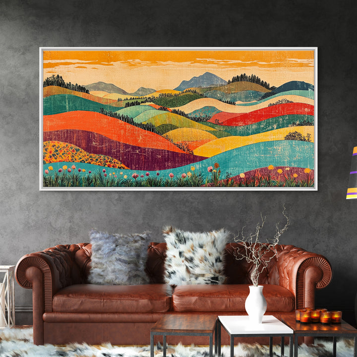 Colorful Rolling Hills And Wildflower Valley Wall Art, Modern Landscape Art Print, Boho Living Room Decor, Housewarming Gift