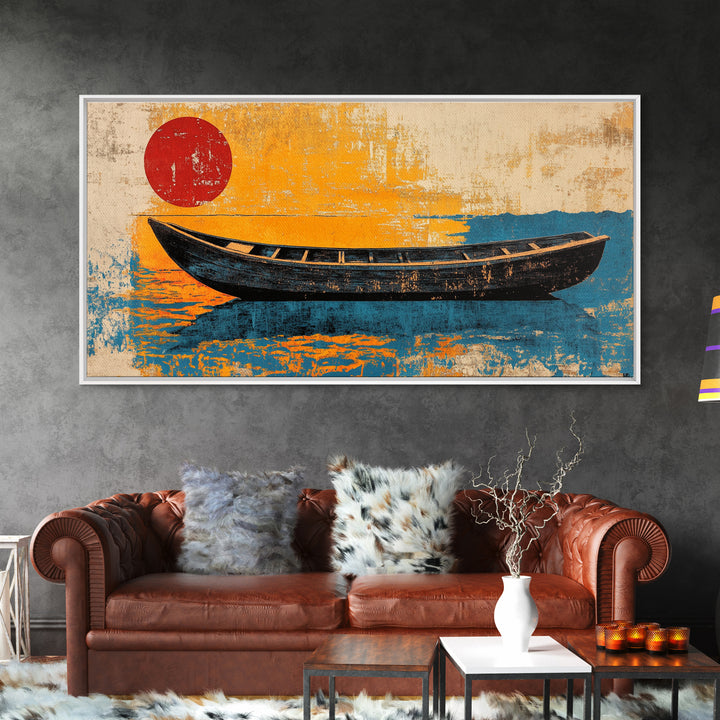 Black Canoe Red Sun Canvas Print, Minimalist Coastal Wall Art, Japanese Nautical Decor, Beach House Ocean Living Room Print