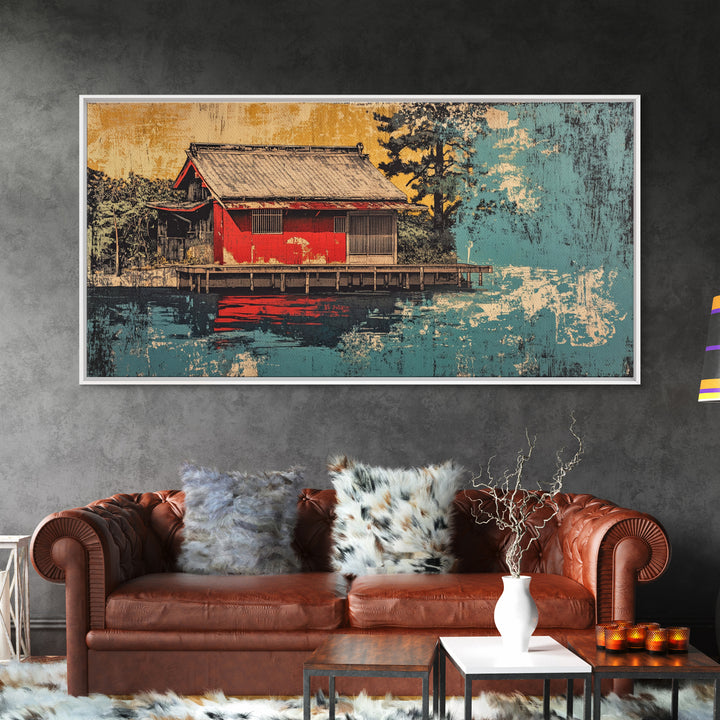 Red Lakeside Japanese House And Reflection Wall Art, Tranquil Water Canvas Print, Japandi Decor, Asian Inspired Living Room Art