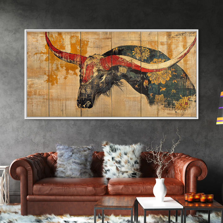 Longhorn Bull Horns Wall Art, Rustic Western Canvas Print, Southwestern Ranch Decor, Masculine Living Room Statement Art