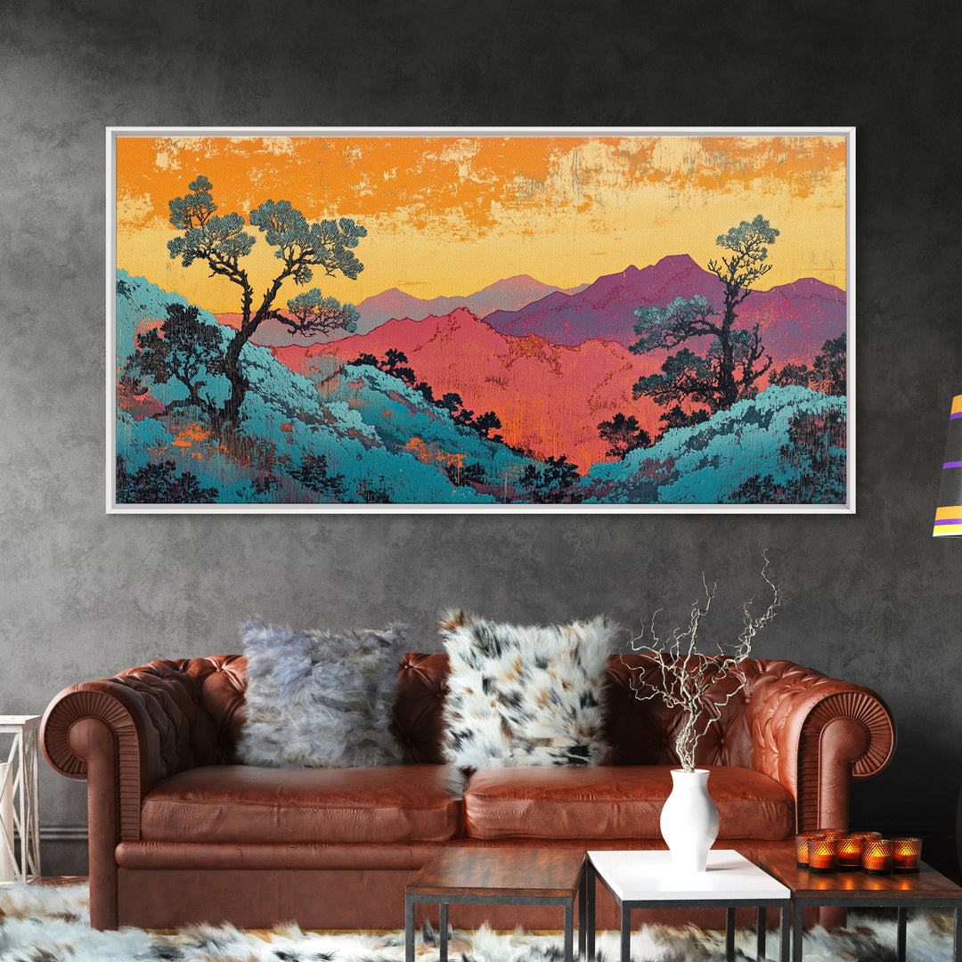 Teal And Purple Mountain Sunset Wall Art, Colorful Landscape Canvas, Southwestern Decor, Large Living Room Art Print, Housewarming Gift