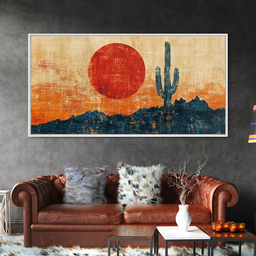 Red Sun Saguaro Cactus Desert Canvas Print, Southwestern Wall Art, Boho Western Decor, Rustic Living Room Statement Gift
